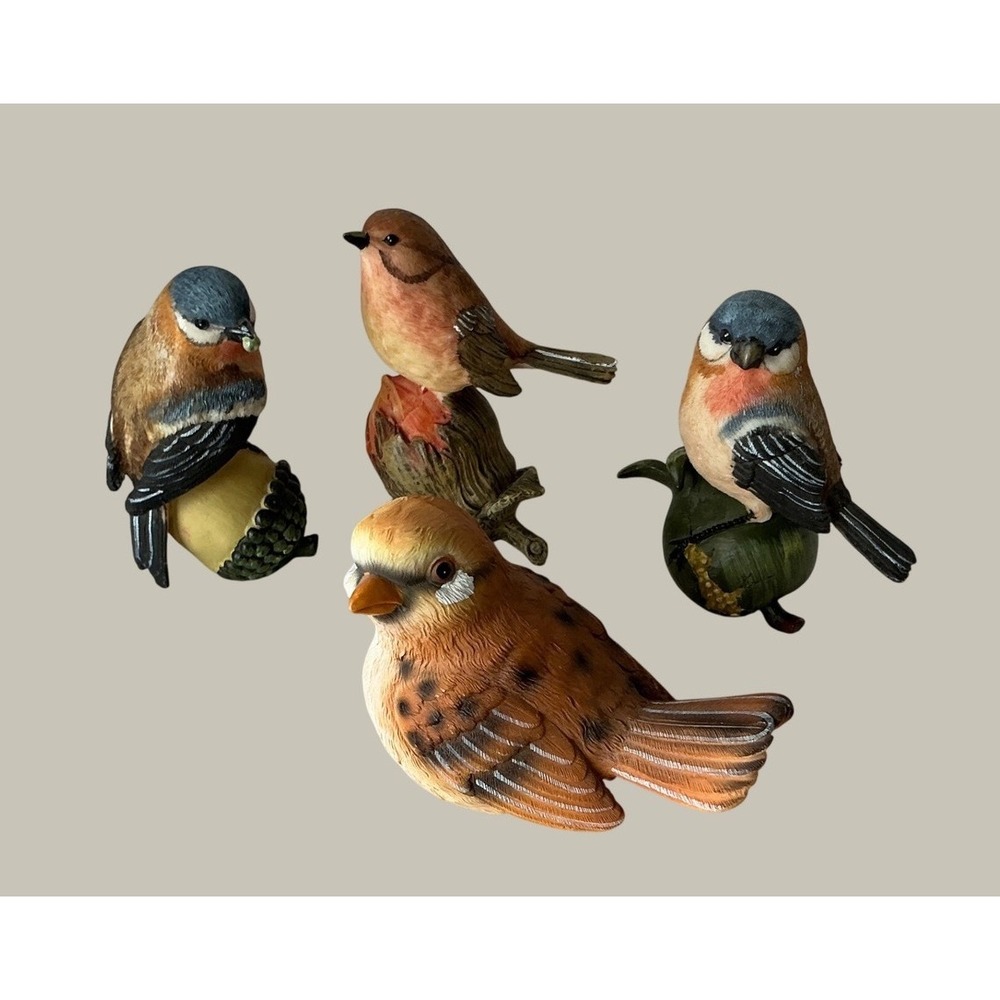 Bird Figurine Set of 4 Songbird Nature Accents Brown Blue Resin Decor Small